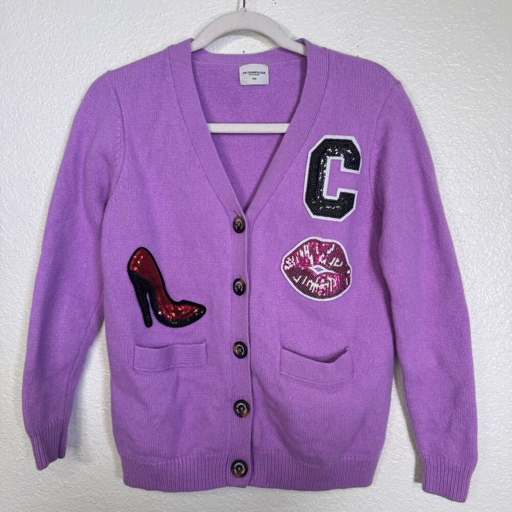 Cosmopolitan Las Vegas Sweater Women Extra Small Sequin Heel Lips Kiss Cardigan